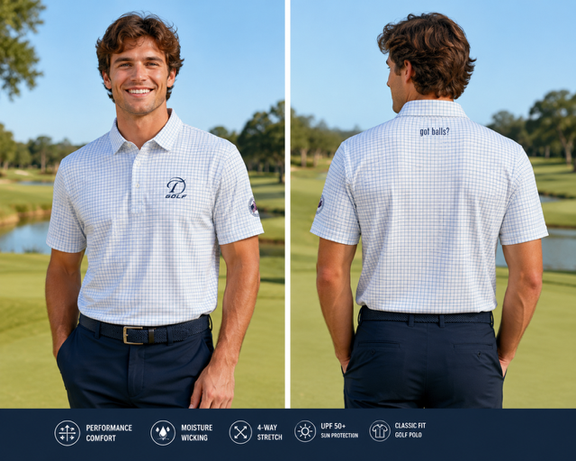 Testicle Golf Polo - White/blue pin stripe - Mini Micro windowpane pattern